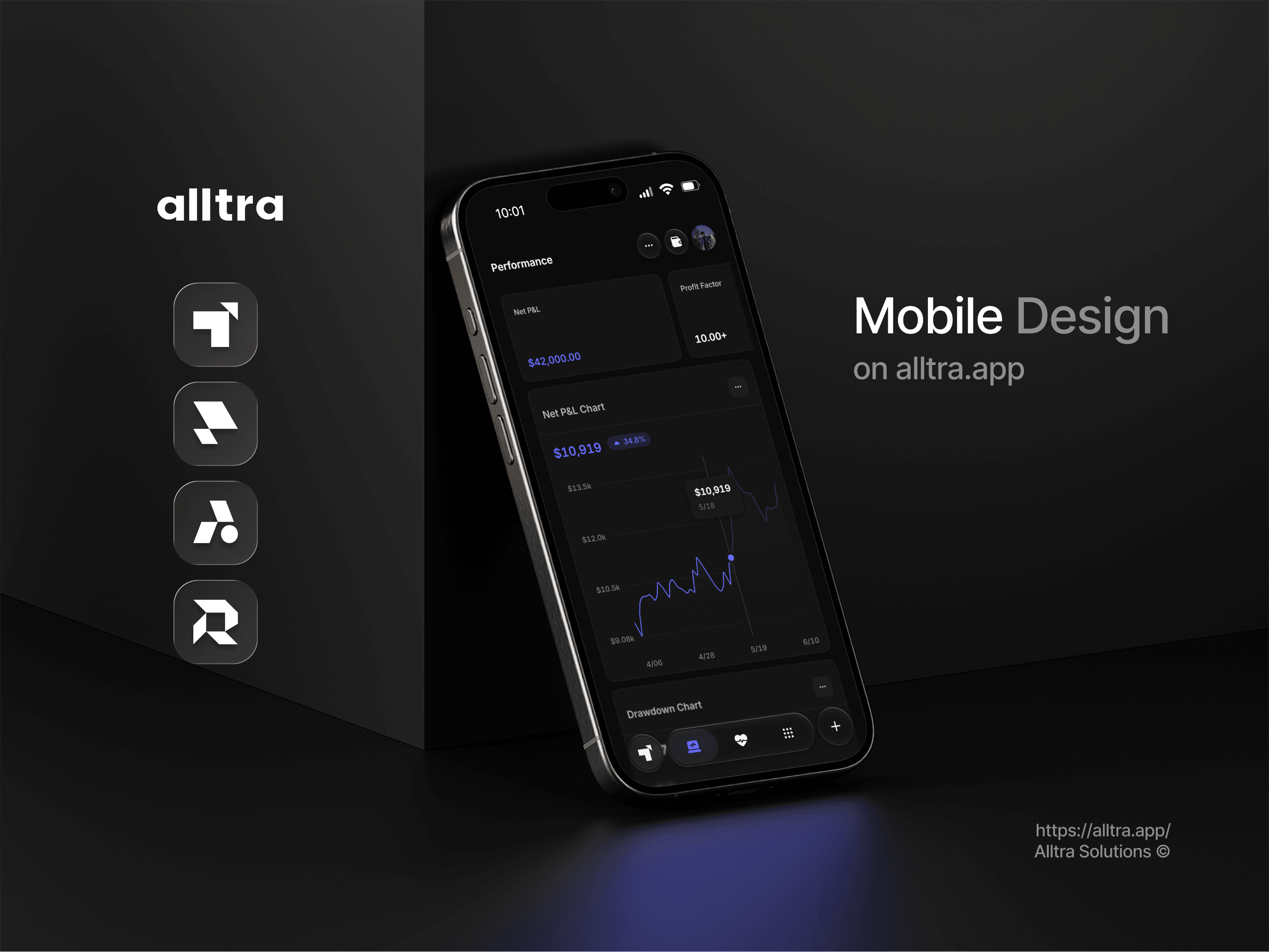 Alltra Tracker running on a phone, showing net P&L and the P&L chart