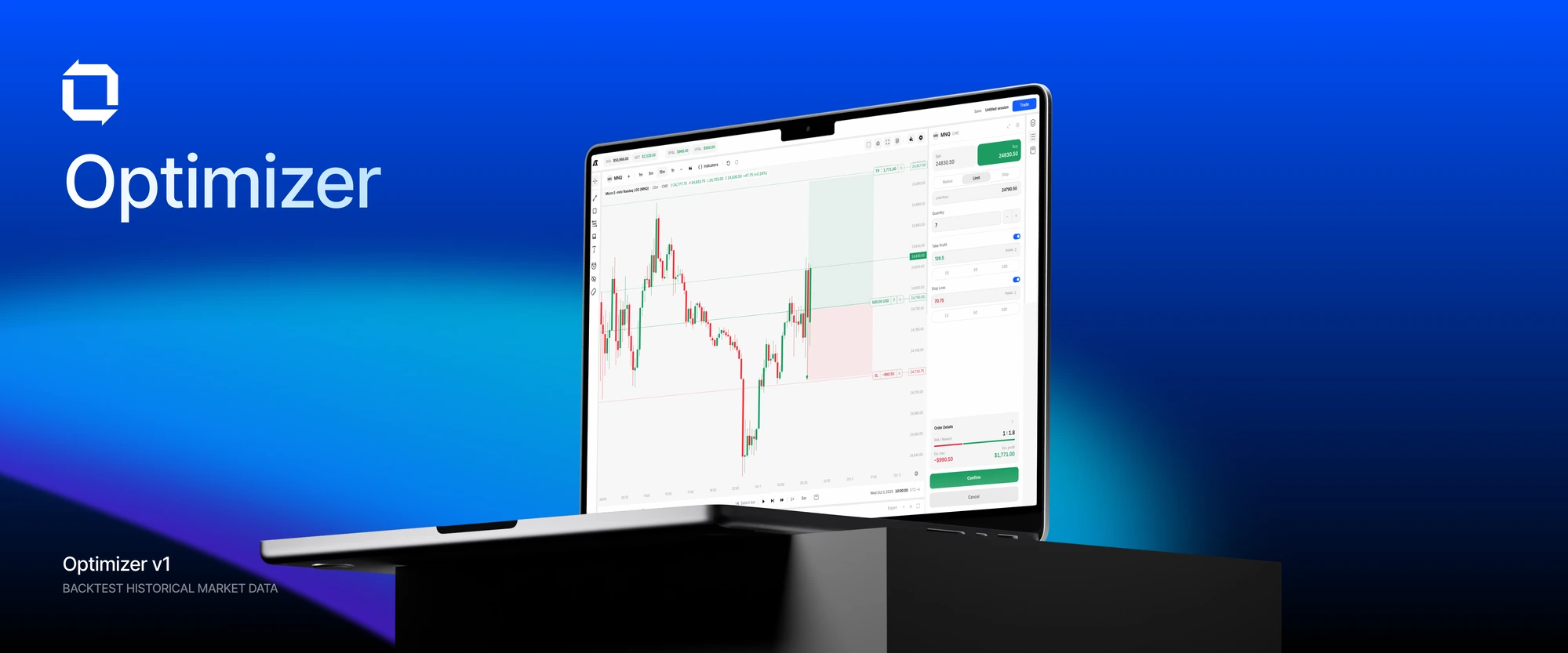 Alltra Optimizer on a laptop, showing a candlestick chart with a backtest order ticket beside it.